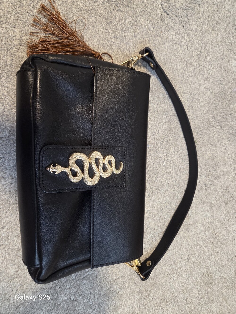 House of Harlow 1960 Black Shoulder Bag with Gold Snake Emblem